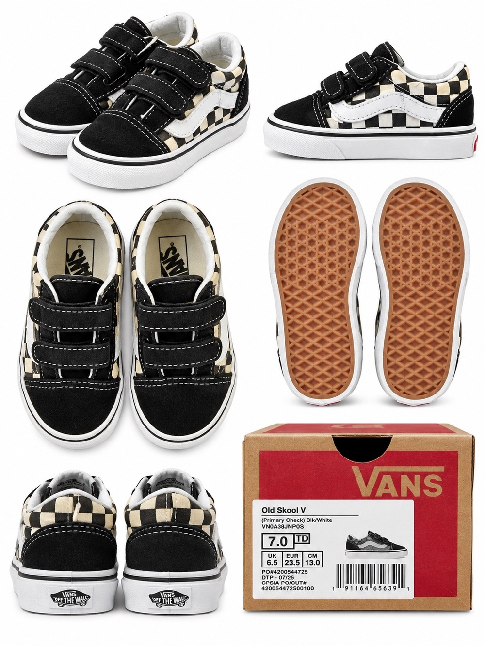 Vans Toddler Old Skool V Primary Check Black White Velcro Shoes Size 7